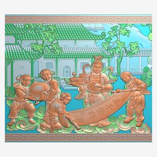 五子登科精雕图浮雕图古代人物图石雕木雕浮雕图灰度图古建寺庙