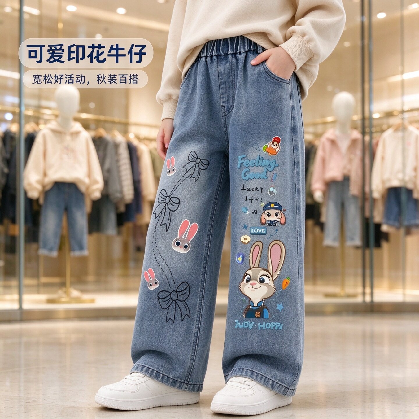 女童春秋新款洋气窄版阔腿牛仔裤