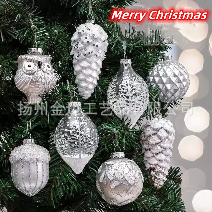 圣诞玻璃装饰球双尖/圣诞树猫头鹰装饰挂件/松果挂件手工