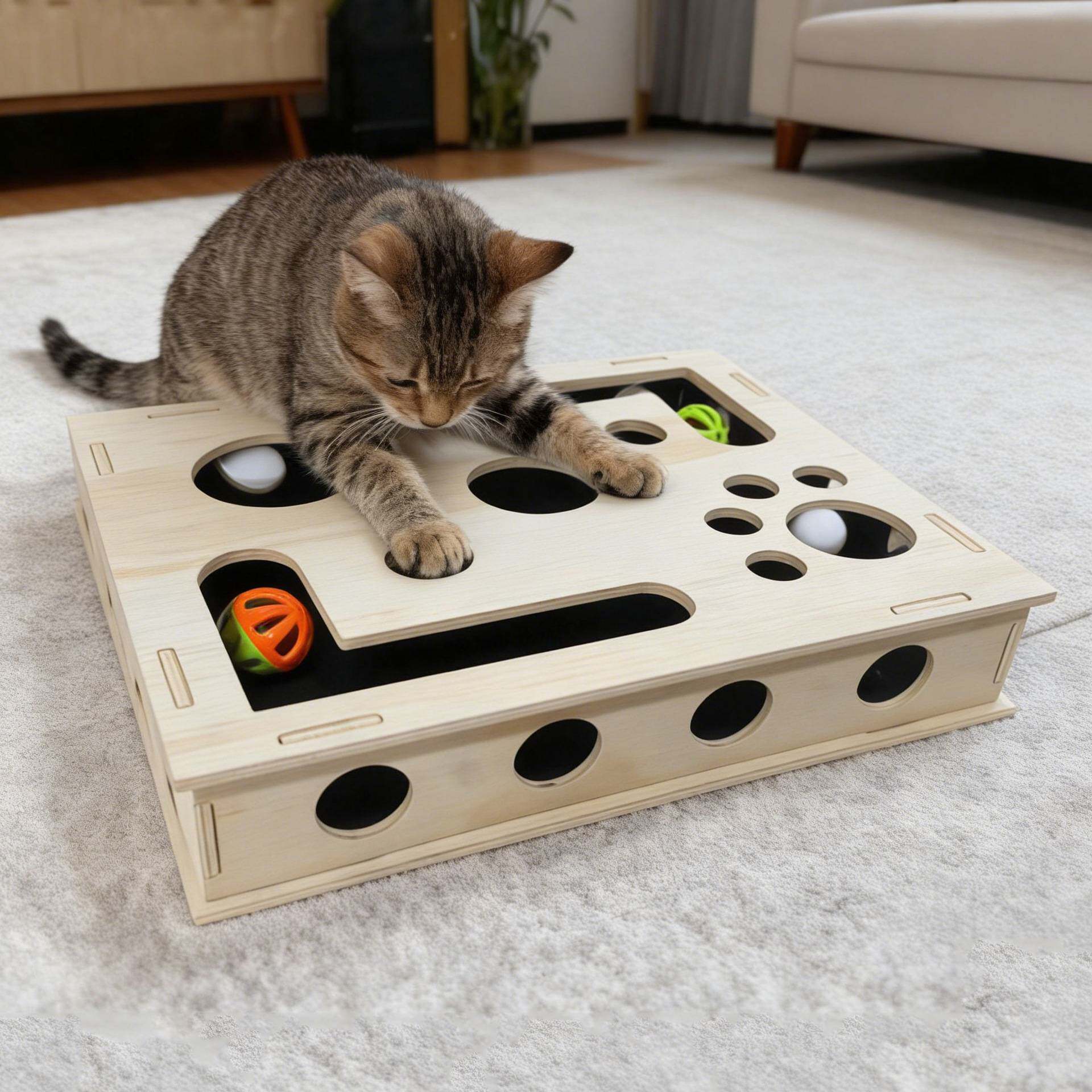 新款实木猫盒宠物玩具趣味迷宫猫咪自嗨解闷磨爪掏球游戏木质方盒