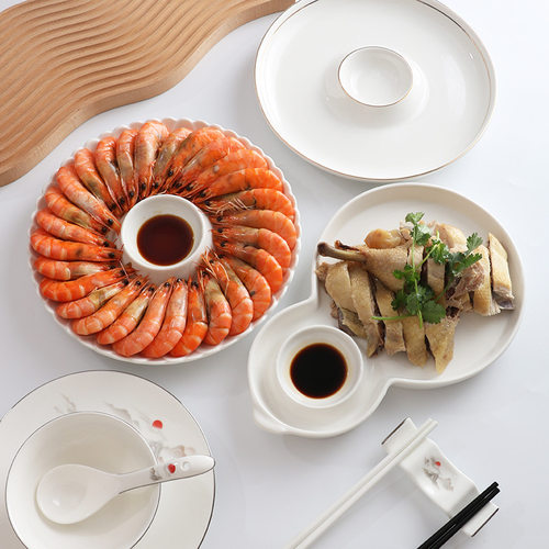 盘子菜盘菜碟白色陶瓷虾盘带醋碟饺子盘餐盘潮州餐具虾盘带醋碟