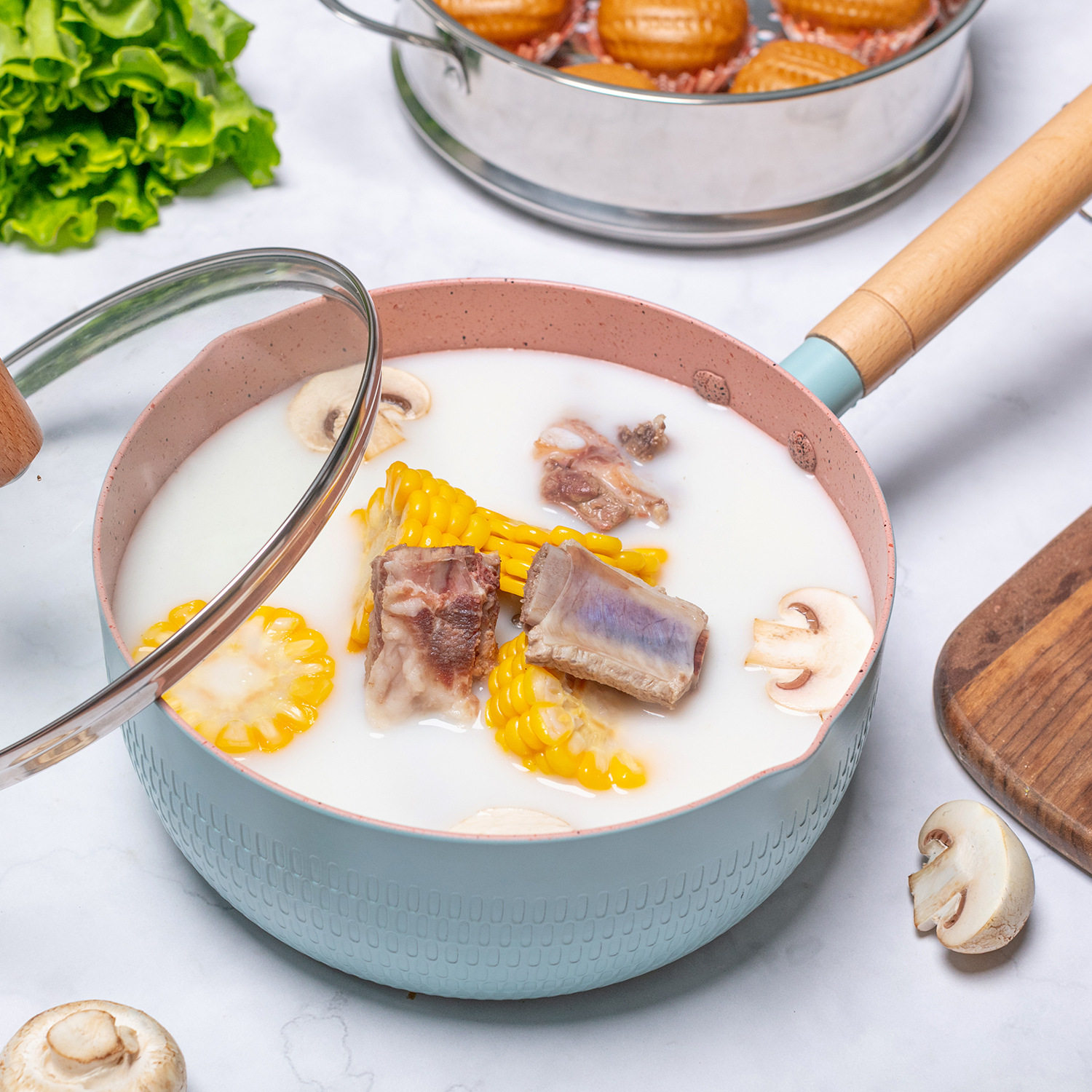 日式宝宝辅食锅婴儿煎煮蒸一体雪平锅一人食麦饭石不粘奶锅带蒸笼