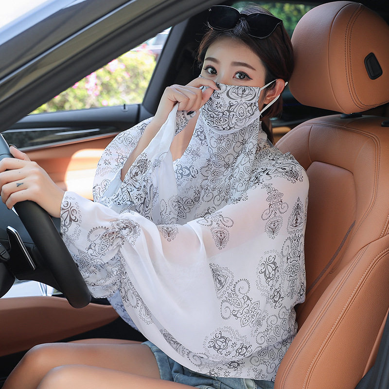 女生防晒披肩冰丝雪纺披肩防紫外线面纱套装夏季韩版开车骑车护胃