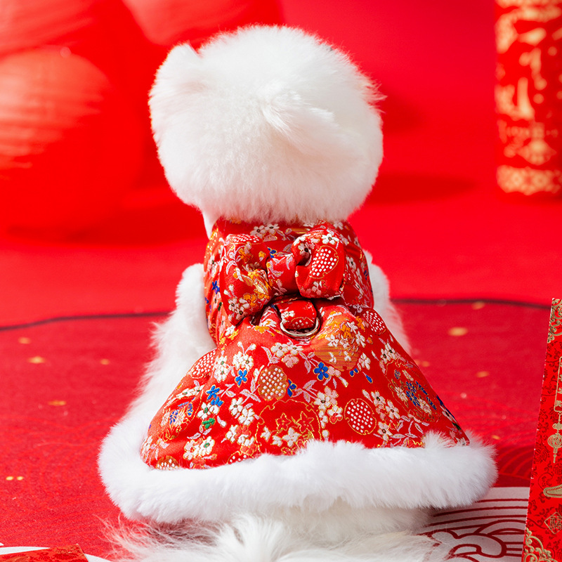 秋冬季狗狗新年立体蝴蝶结唐装猫咪牵引棉衣裙子宠物过年喜庆衣服