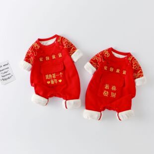 男女宝宝秋冬款图腾新年服国潮宝宝加绒衣服婴儿连体衣红包放这