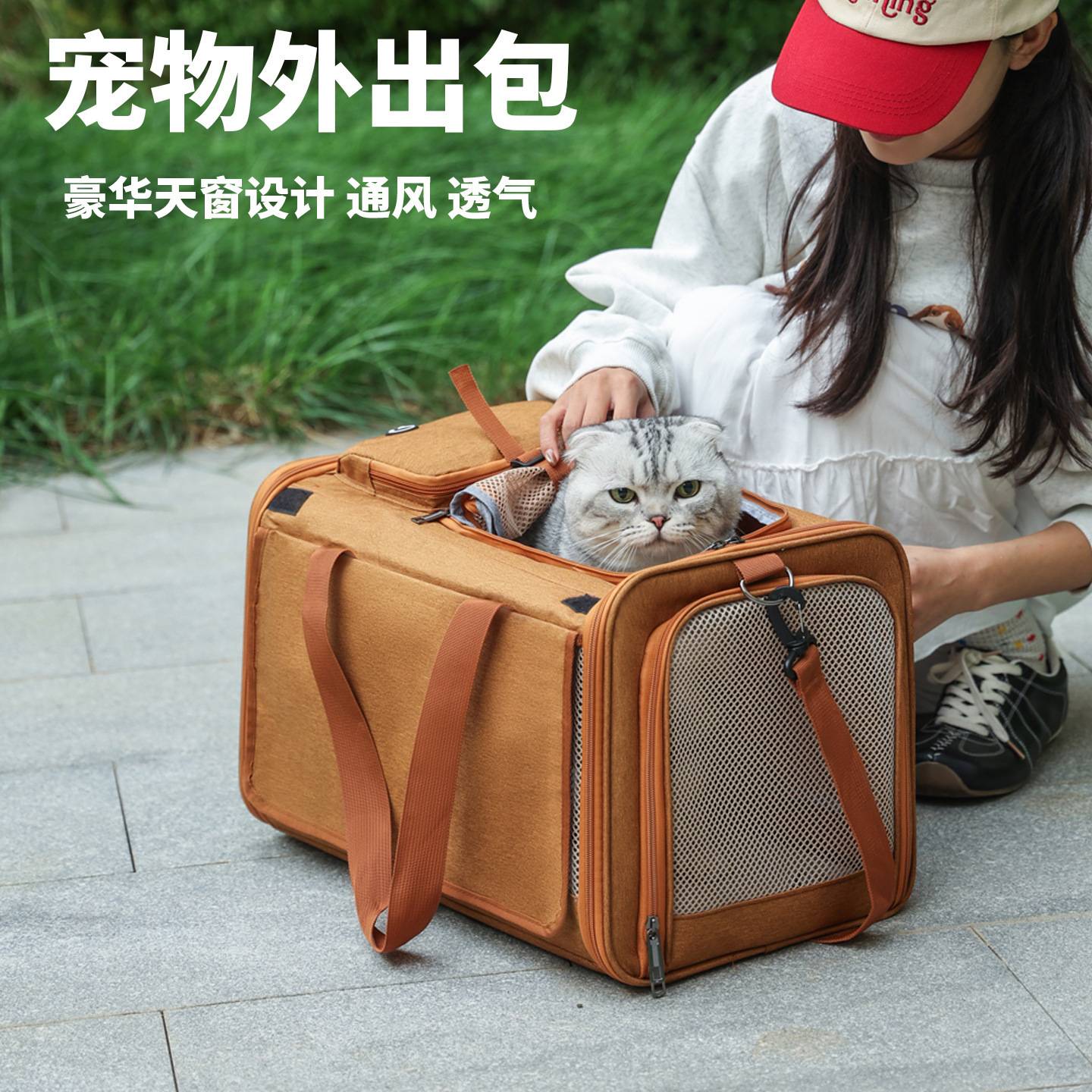新款宠物包手提车载大容量卷帘网面透气外出斜挎折叠猫包