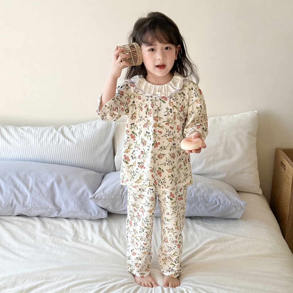 女童睡衣a类小碎花边领子童家居服女孩中大童女童套装ins风童装