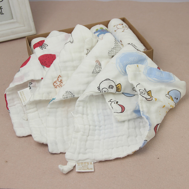 5条礼盒装 无骨高密纱布方巾 口水巾 细腻柔软6层带挂扣 30*30CM