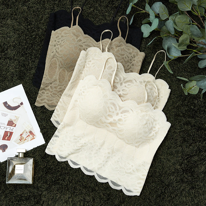 法式蕾丝吊带性感纯欲防走光带胸垫美背文胸一体内搭外穿女士背心