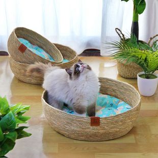 通用耐抓磨爪圆形网红垫子可拆洗冬夏 藤编猫窝蒲草狗窝特大号四季