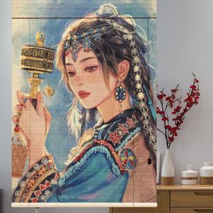 印花客厅玄关餐厅茶楼装 新中式 饰画隔断竹帘卷帘挂画竹窗帘