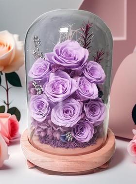 永生花玄学9朵紫色玫瑰花九枝真花紫玫瑰风水玻璃罩摆件乔迁礼品