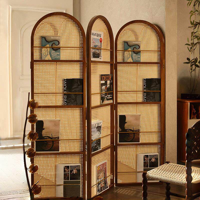 中古风藤编屏风隔断入户移动折叠中日式书架软复古实木杂志架客厅