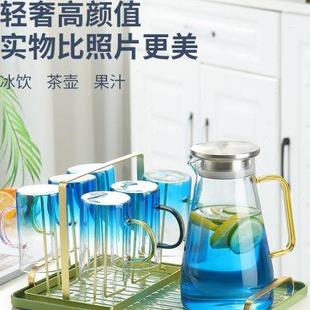 轻奢玻璃杯家用耐高温喝水杯带把茶杯客厅待客高级感彩色杯子套装