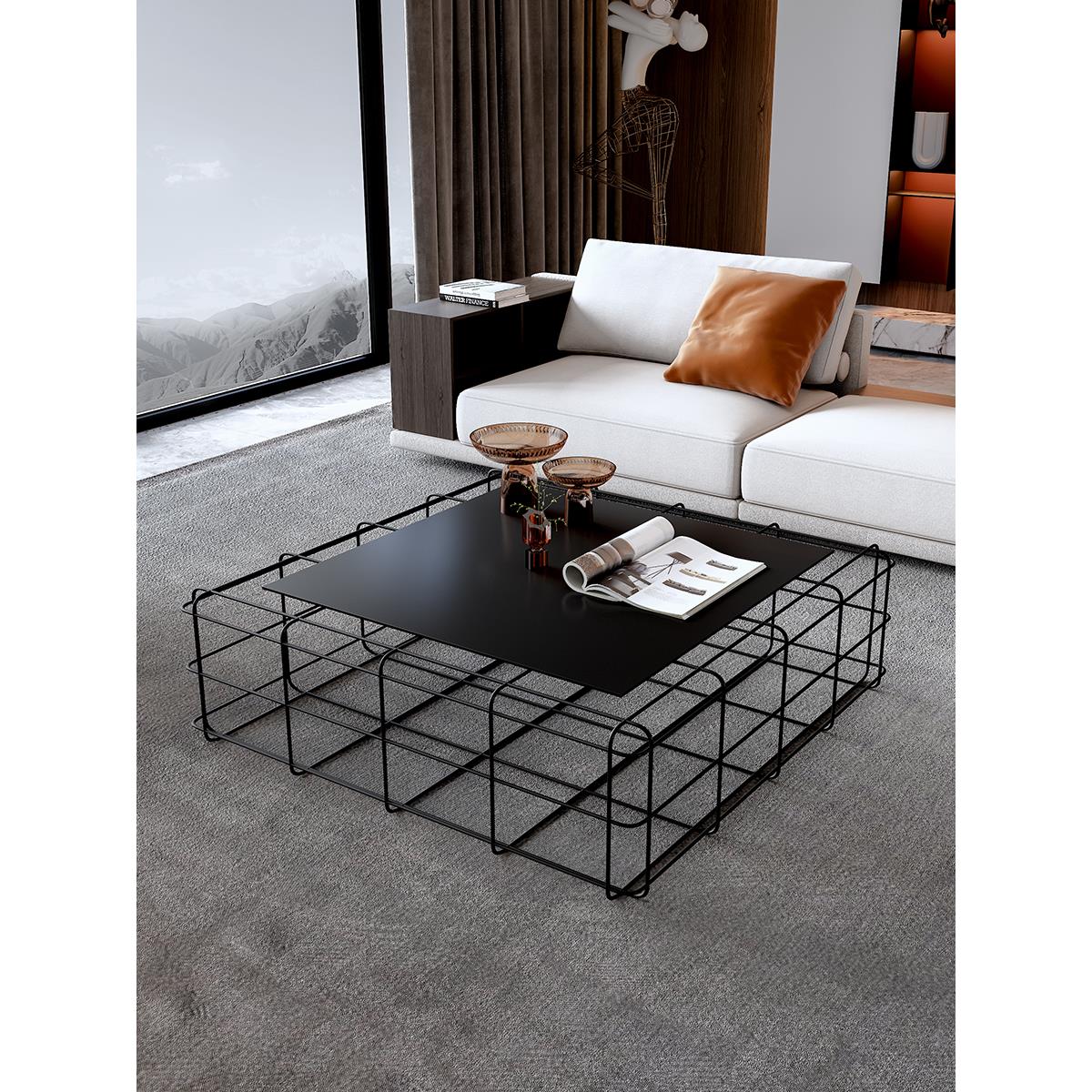 现代黑色铁艺方形茶桌简约高级感茶几客厅收纳茶台轻奢咖啡桌长方