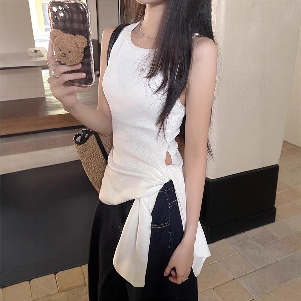 设计感绑带针织吊带背心女2025夏季辣妹修身百搭白色紧身学生
