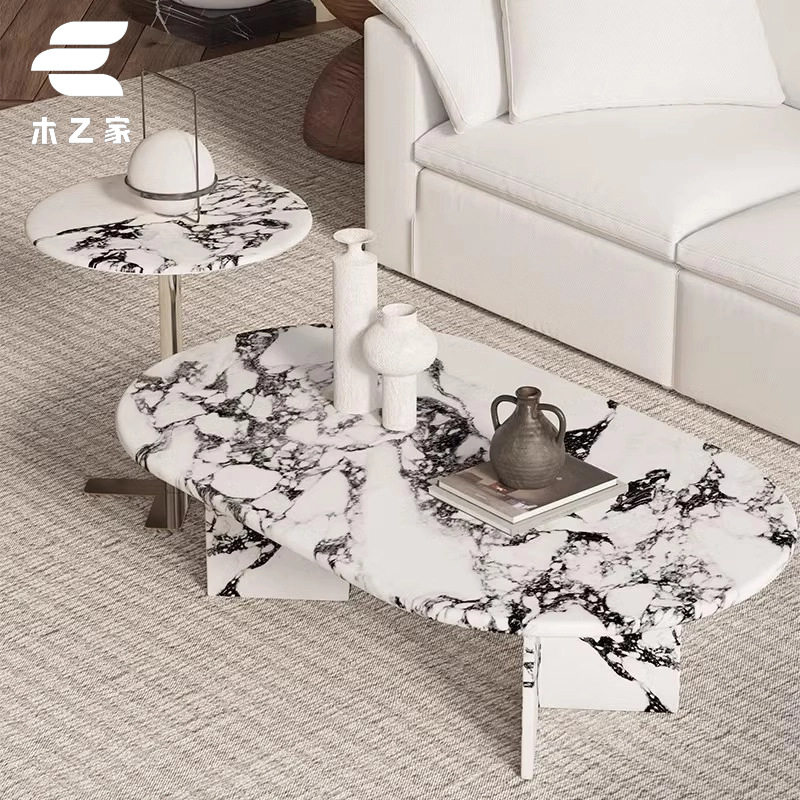 2025法式奶油风天然大理石圆茶几风复古客厅家用茶几现代极简家具