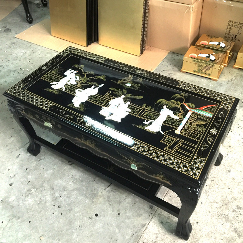 至高美螺钿工艺贝壳茶几两层咖啡桌台面玻璃手工彩绘古典明清家具