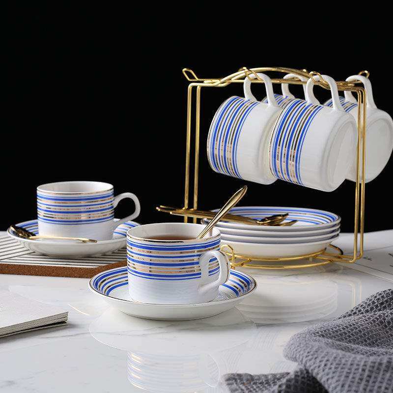 欧式陶瓷咖啡杯碟套装小奢华简约杯碟带架子托碟勺子6件套装