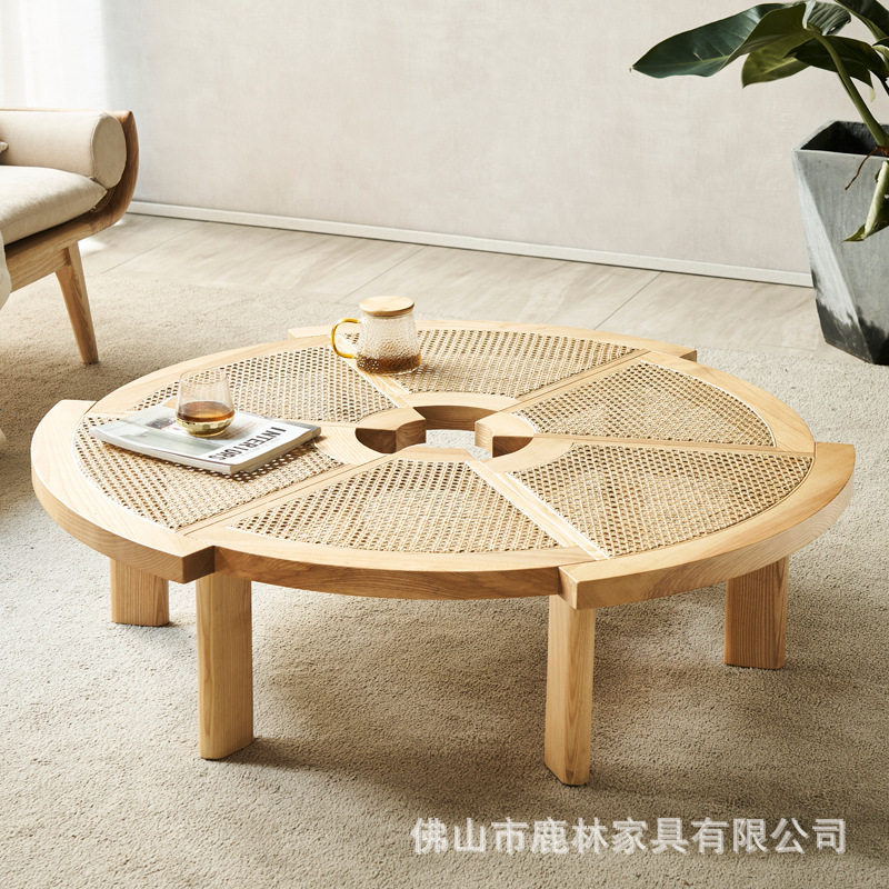 北欧实木藤编圆形茶几创意个性日式藤面小茶桌民宿藤编家具ins