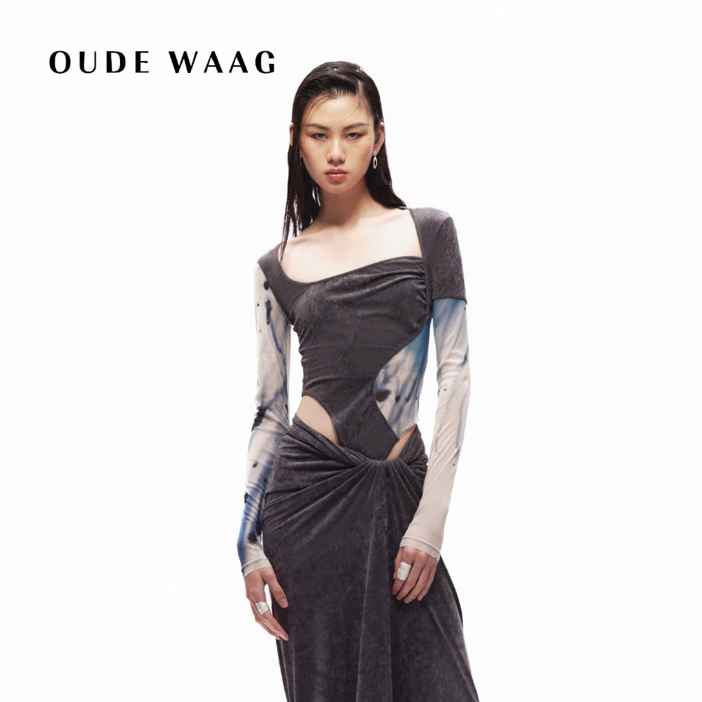 【赵露思同款】OUDE WAAG 经典 弹力网纱丝绒拼接印花女装上衣