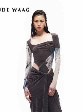 【赵露思同款】OUDE WAAG 经典 弹力网纱丝绒拼接印花女装上衣