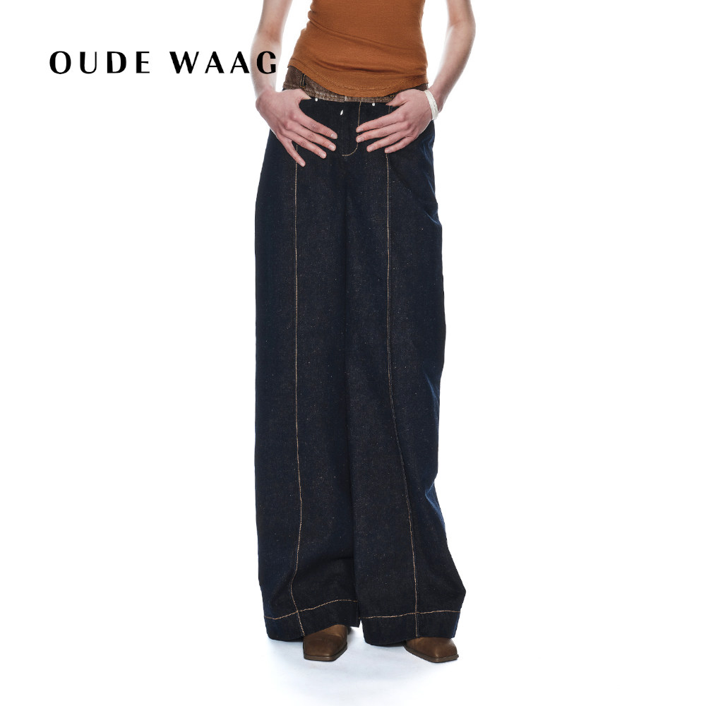 洗水拼接直筒牛仔裤女