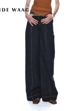 【欧阳娜娜同款】OUDE WAAG 25早秋新款复古感洗水拼接直筒牛仔裤