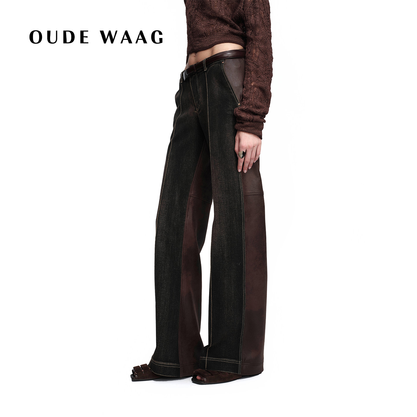 OUDE WAAG 26春夏新款 复古休闲随性解构拼皮洗水牛仔裤