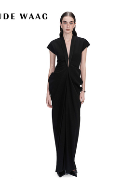 OUDE WAAG 26春夏新款  古典优雅收腰V领垂坠连衣裙