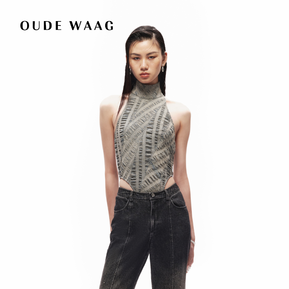 OUDE WAAG  紧身弹力盐缩褶皱肌理牛仔女装连体衣