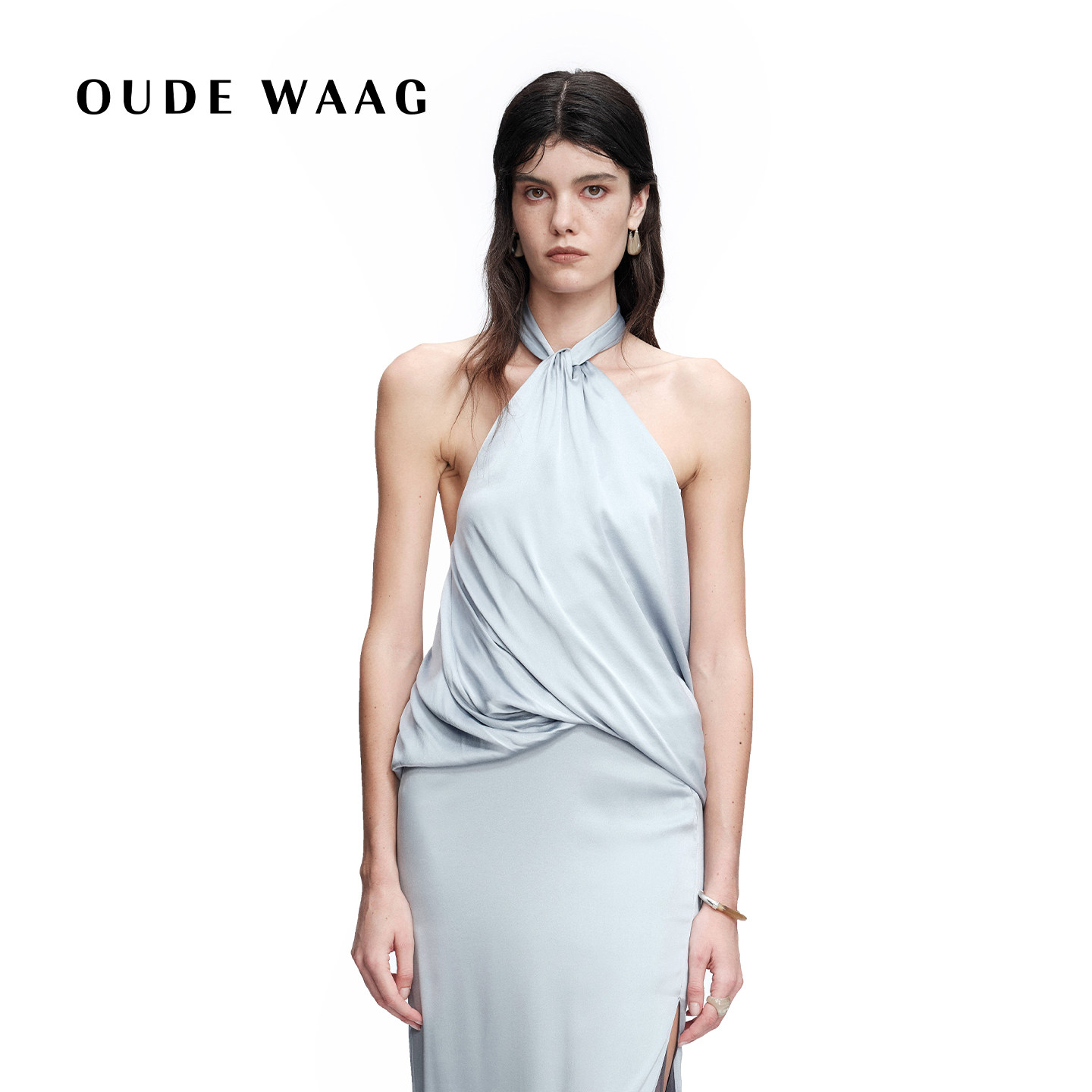 【吴千语同款】 OUDE WAAG 26春夏新款 花苞真丝缎光绕脖上衣