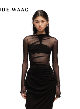 OUDE WAAG 25春夏 高级质感不对称抽褶真丝网纱女装上衣