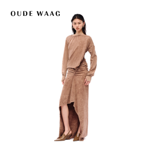 OUDE 小众设计独特不对称洗水抽褶连衣裙 WAAG 25早秋新款