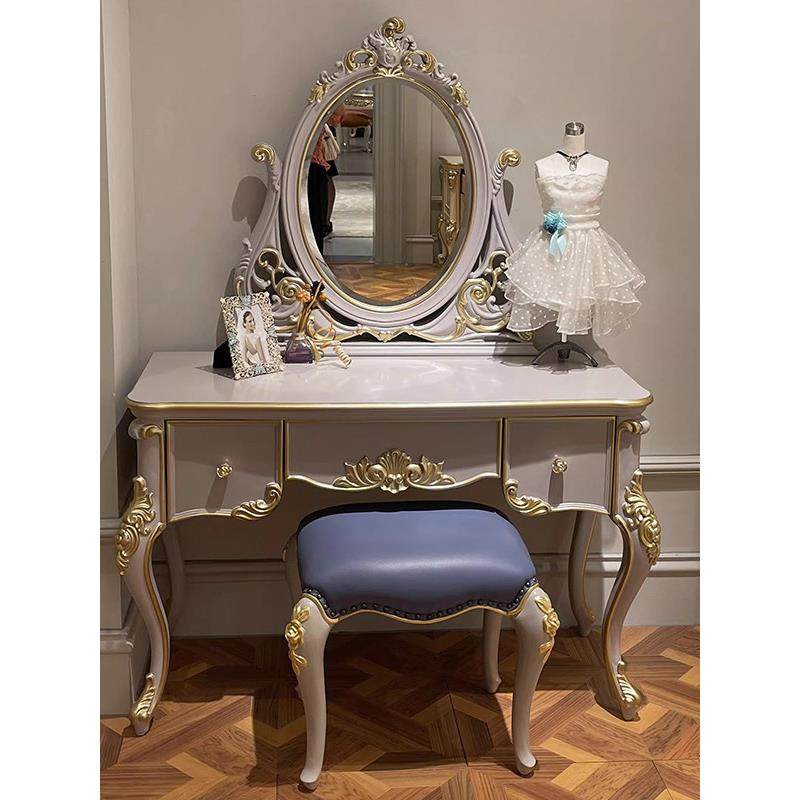 法式实木梳妆台覆古化妆桌卧室书桌收纳柜一体欧式小户型雕花家具