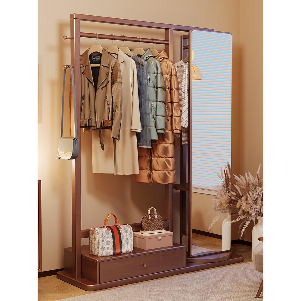 实木衣帽架落地挂衣架穿衣镜一体全身镜卧室收纳架家用客厅衣架子