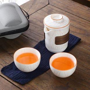 茶水分离杯 月白汝窑手抓壶一壶二杯自养开片旅行装 便携式 茶具 包邮