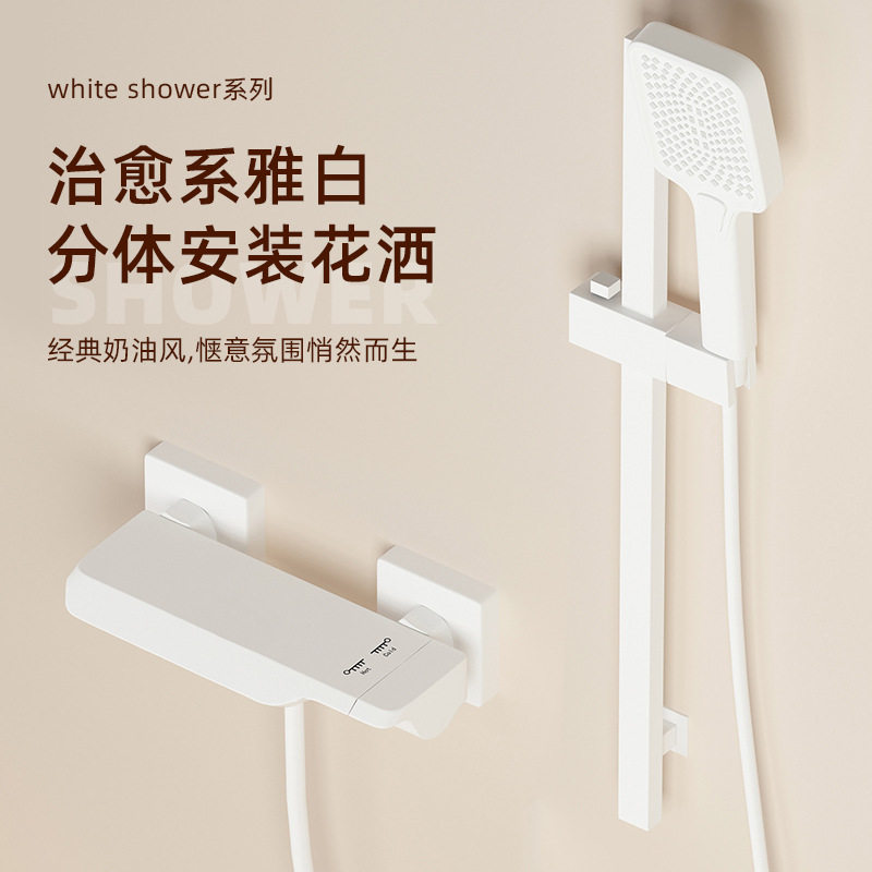 全铜简易花洒套装卫浴家用白色枪灰淋浴无顶喷酒店卫生间增压