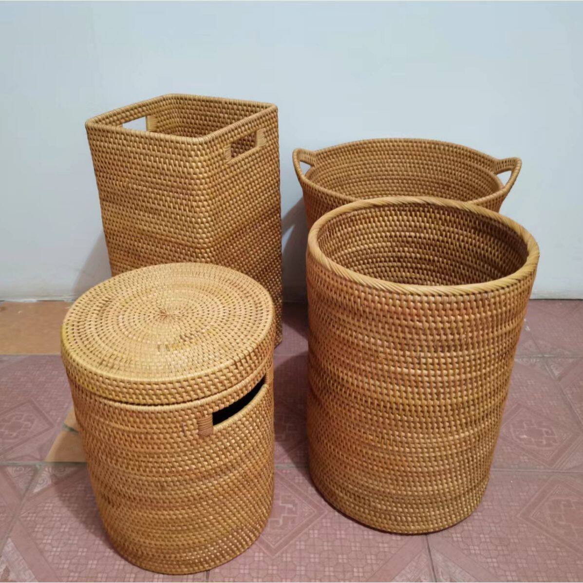 越南藤编圆形方形圆形带盖画筒脏衣篮储物箱家居收纳整理