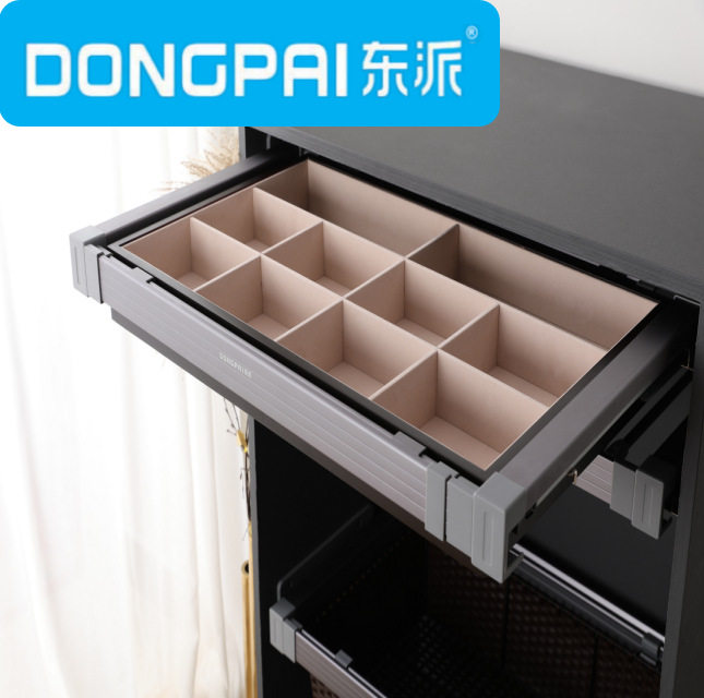 东派-轻奢全铝伸缩包皮绒分格收纳木盒衣柜阻尼骑马轨包皮绒木盒