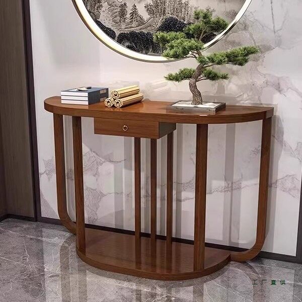 新中式半圆玄关桌实木玄关台现代简约玄关柜家用条案供桌端景台