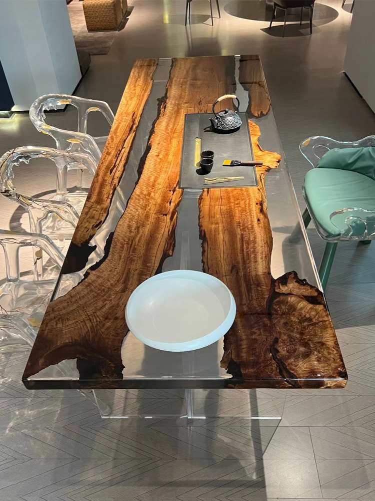 树脂茶桌椅组合环氧透明水晶河流桌大板桌树脂胶流水茶台木板茶几