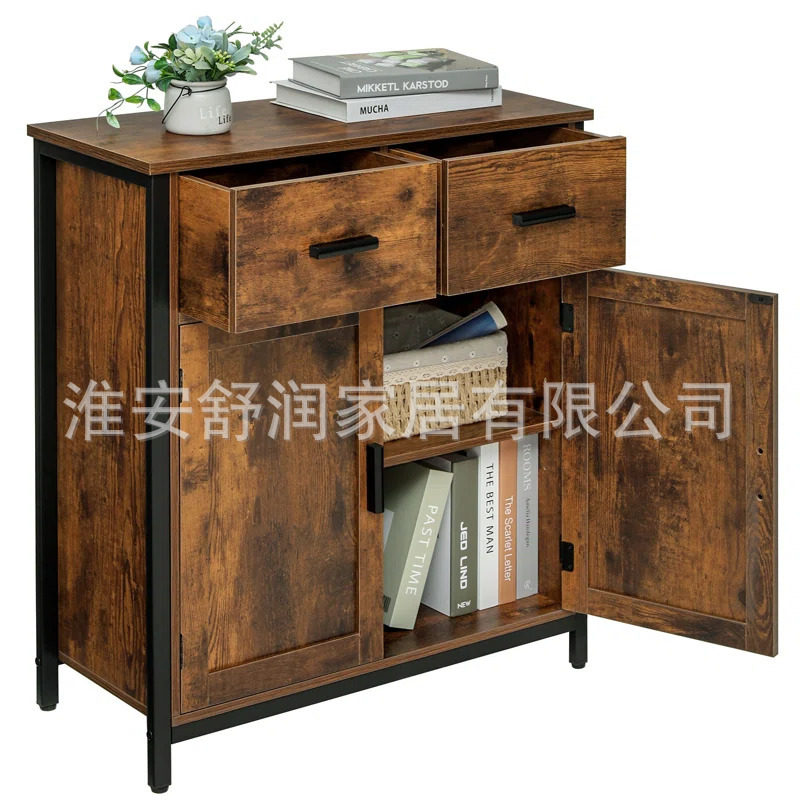 北欧板式餐边柜高柜一体家用靠墙玄关柜客厅复古棕色茶水柜置物架
