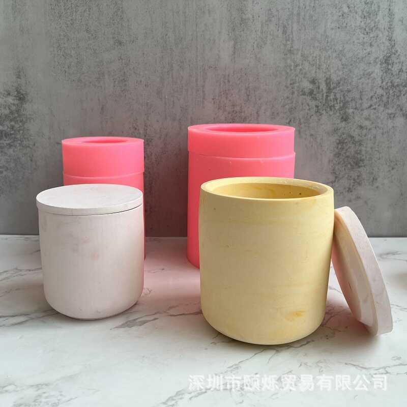 大号带盖蜡烛杯硅胶模具圆形瓶子收纳罐石膏模具花盆水泥滴胶模具