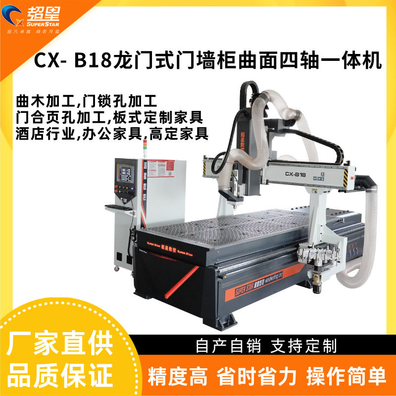 龙门式门墙柜曲面门锁孔合页孔加工四轴摆头木工数控开料切割机