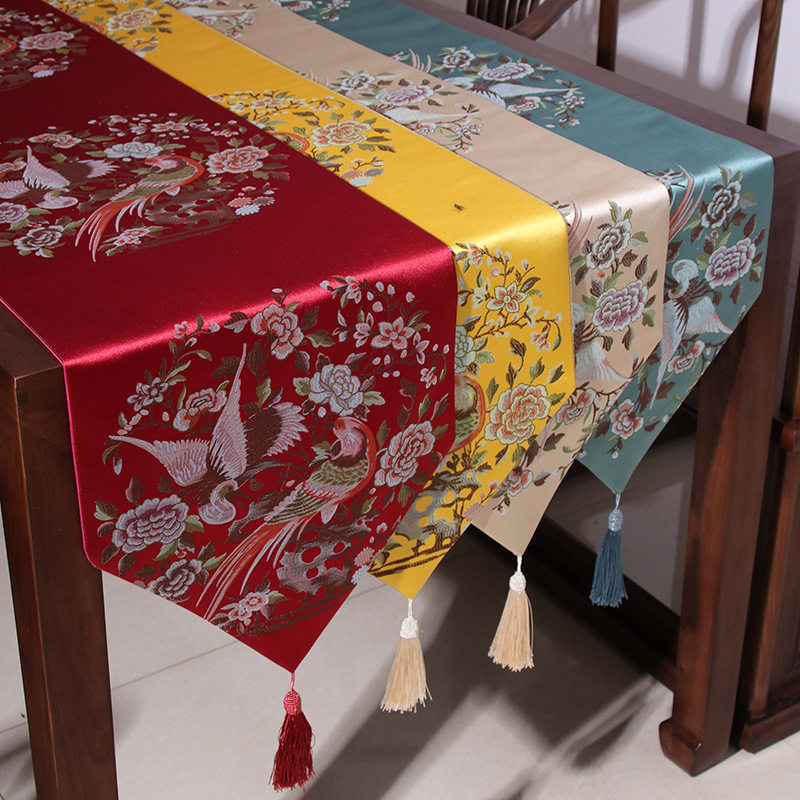中式鸟语花香桌旗 家具饰品桌旗 中式黄色红色桌旗直销
