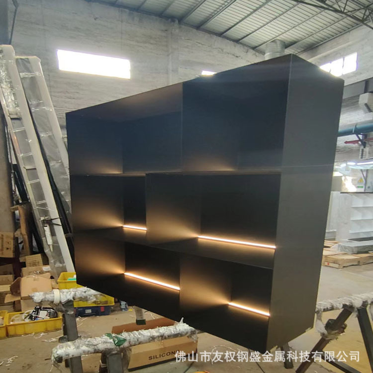 灰钛拉丝无指纹电视不锈钢壁龛柜 哑黑氟碳漆带灯金属装饰柜