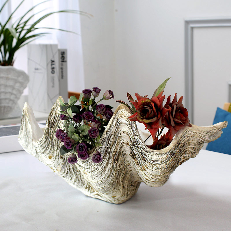 美式复古工艺品海洋贝壳珊瑚花盆摆件客厅玄关阳台花盆摆件艺术
