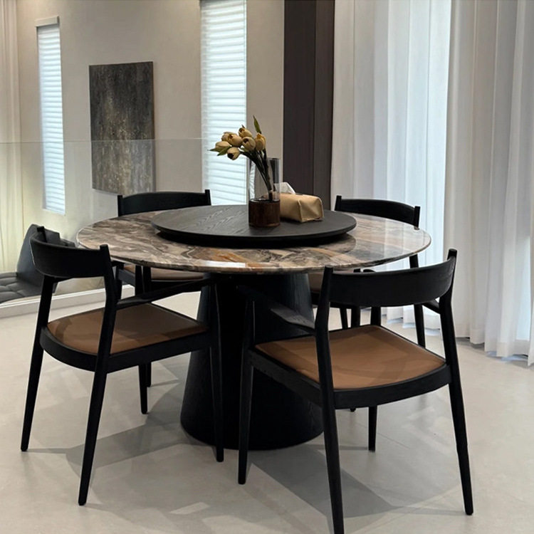 佛山天然大理石实木高级圆餐桌进口威尼斯棕奢石高端餐桌圆形