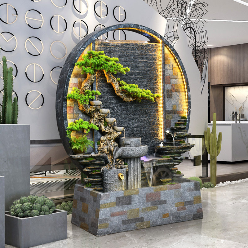 民宿庭院入户花园布置装饰角落地景观大型假山造景水幕墙创意流水